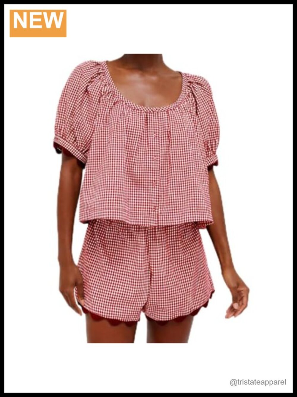 Women's Summer Two-Piece Gingham Short Set Scoop Neck Puff Sleeve Casual